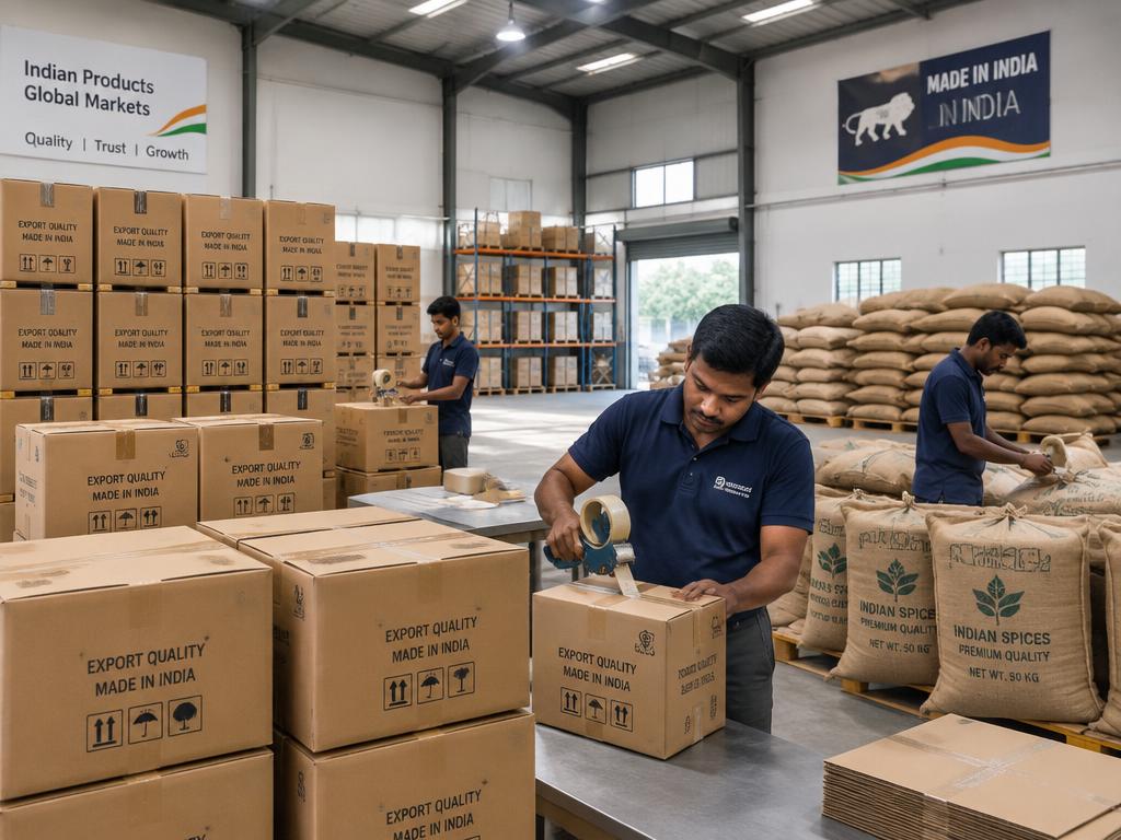 Export cartons and jute bags being packed in a warehouse