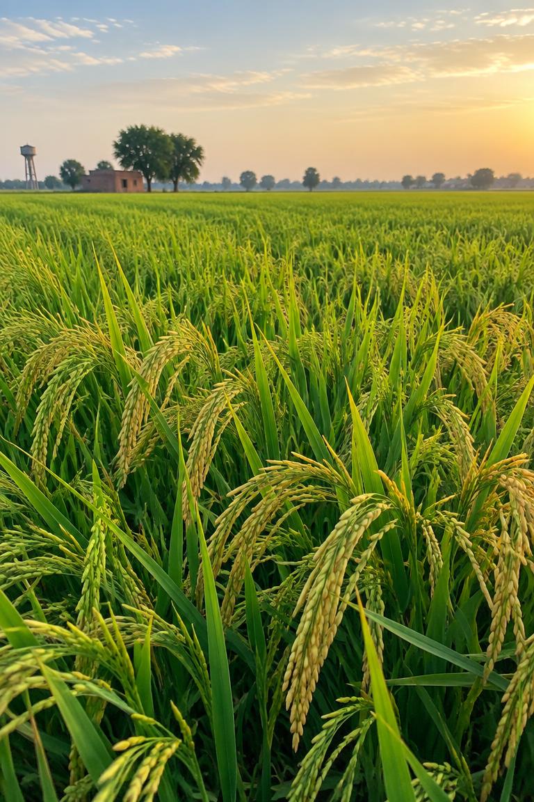 Green basmati paddy fields with ripening grain