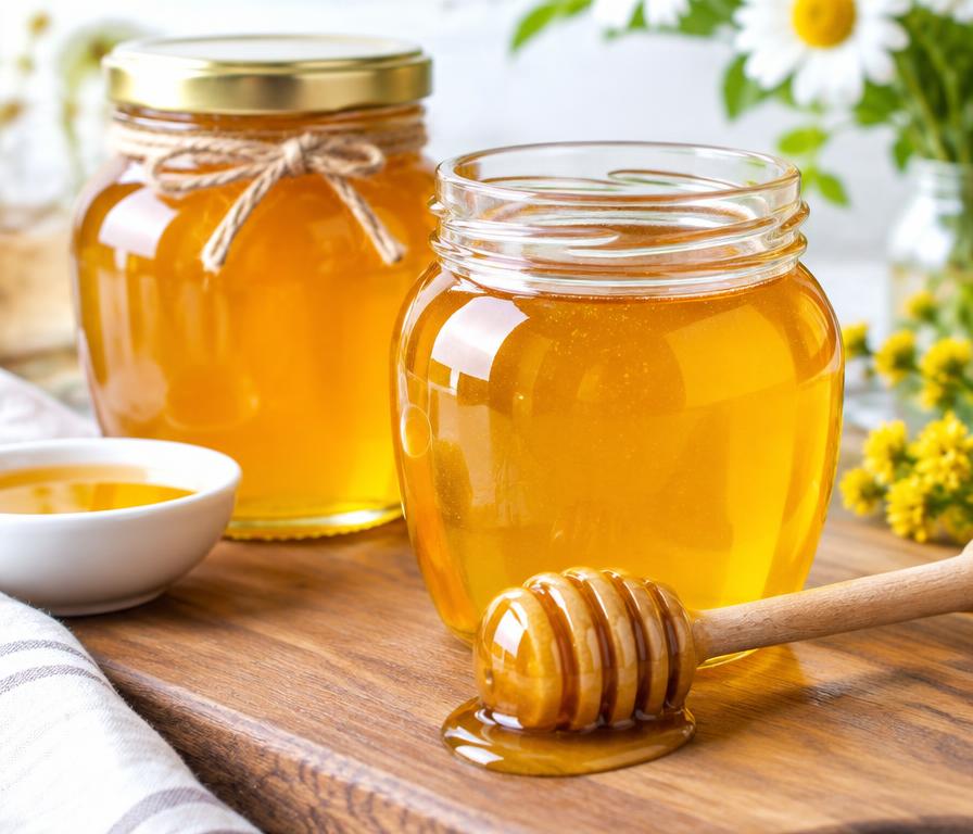 Glass jars of golden honey with a wooden dipper