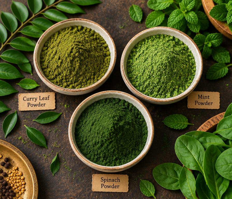 Bowls of assorted green leaf powders