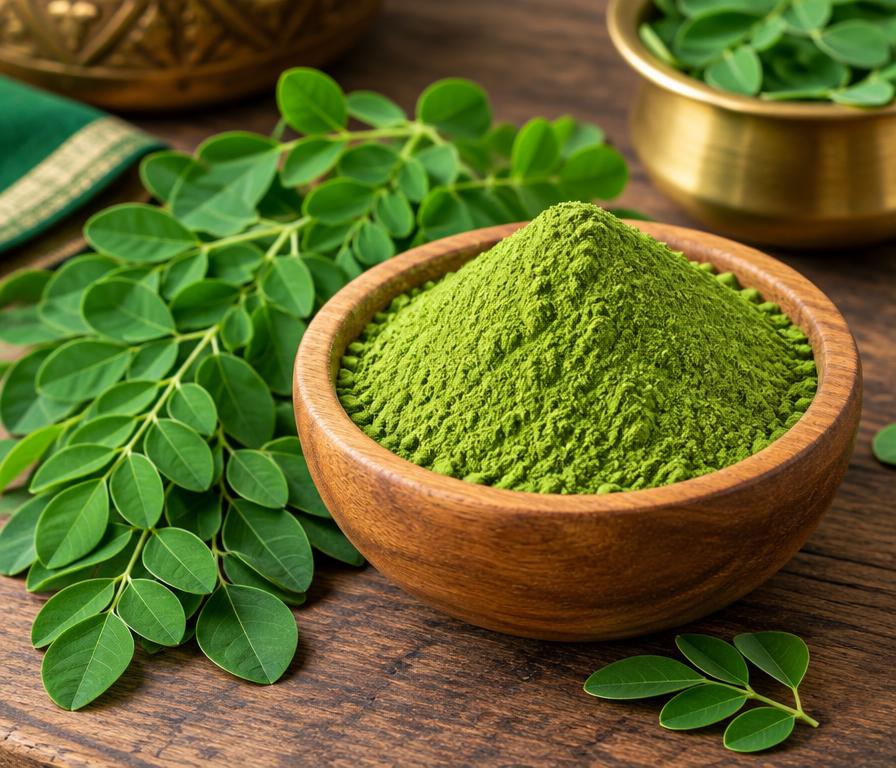 Green moringa powder in a wooden bowl with fresh leaves