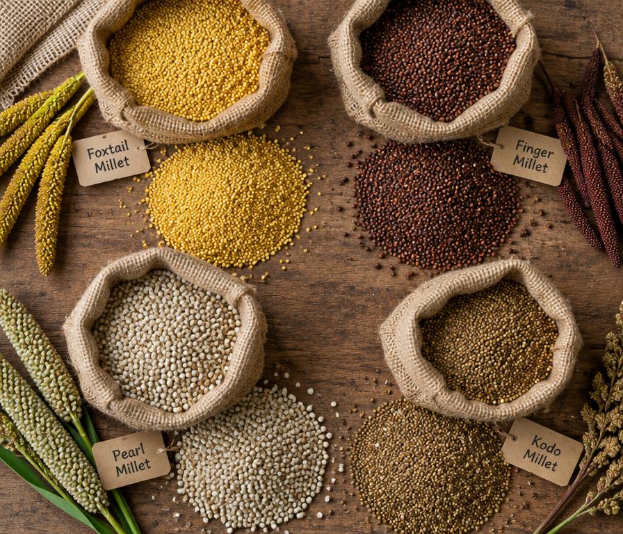 Assorted millets in jute sacks