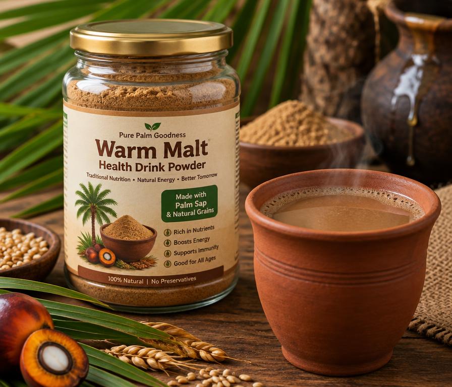 Palm-based drink powder beside a clay cup