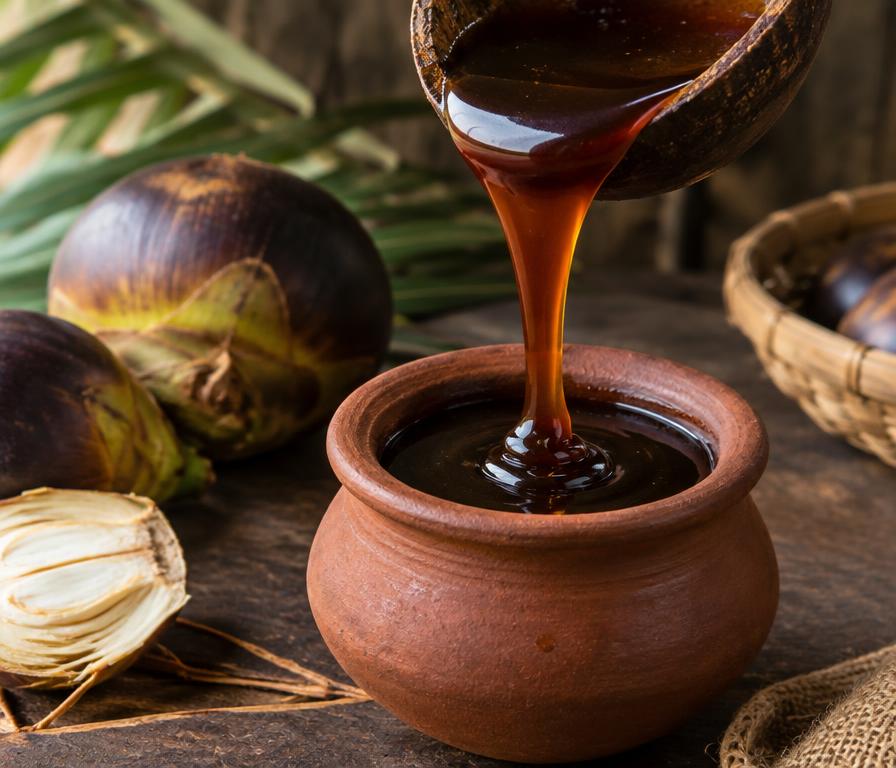 Dark palmyra syrup pouring into an earthen pot