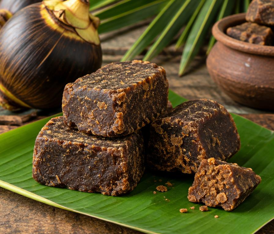 Blocks of dark palmyra jaggery on a banana leaf
