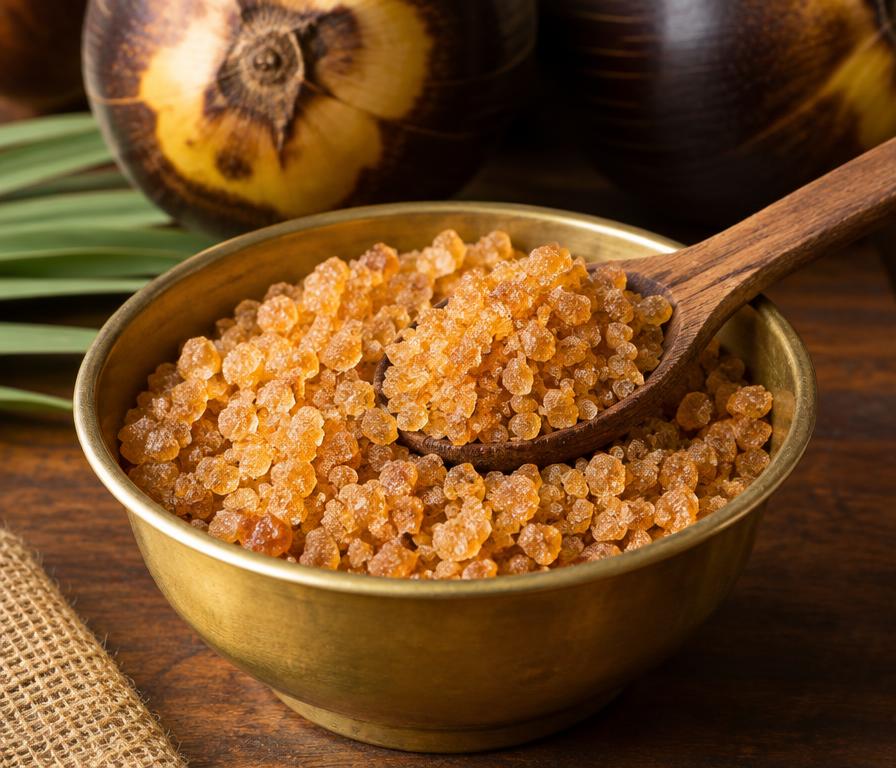 Golden palmyra sugar crystals in a brass bowl