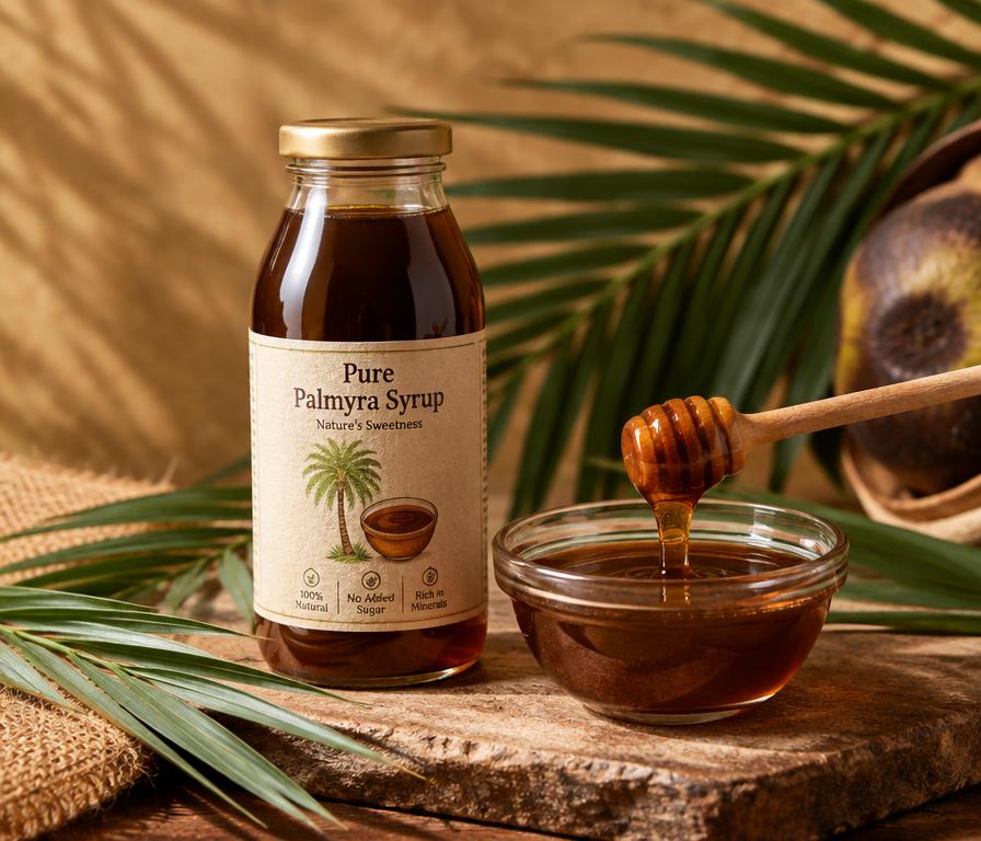 Bottle and bowl of thick amber palmyra syrup with palm leaves