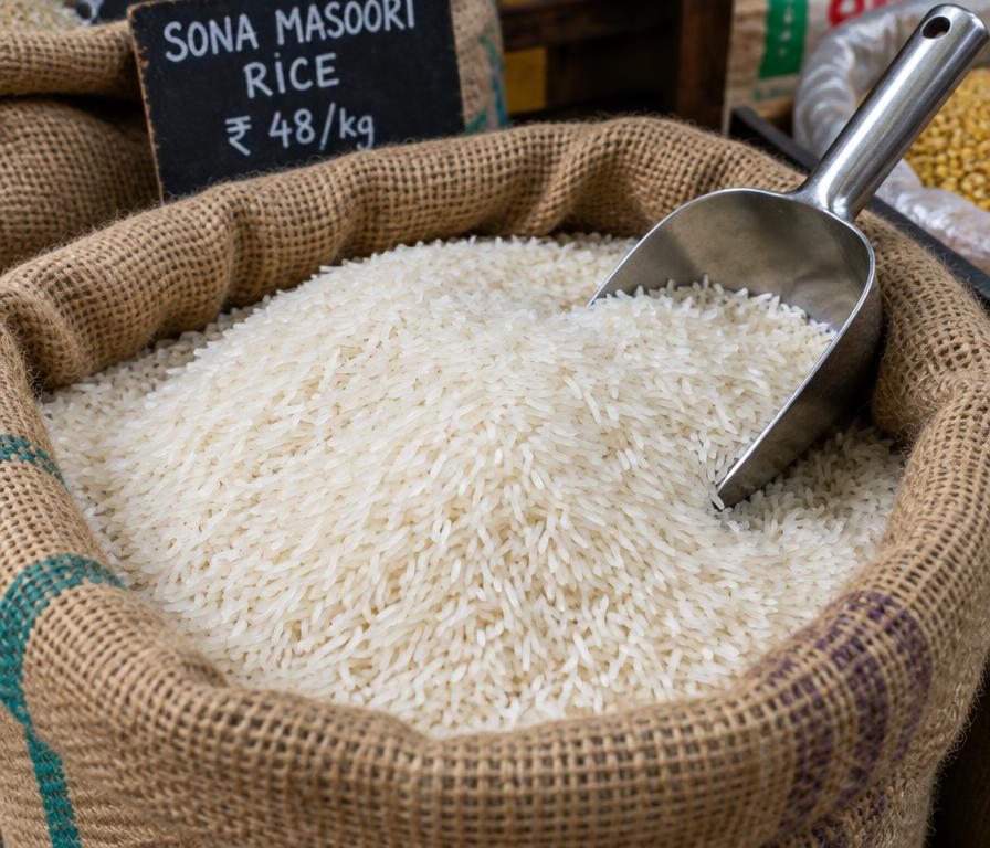 White rice in an open jute sack with a steel scoop